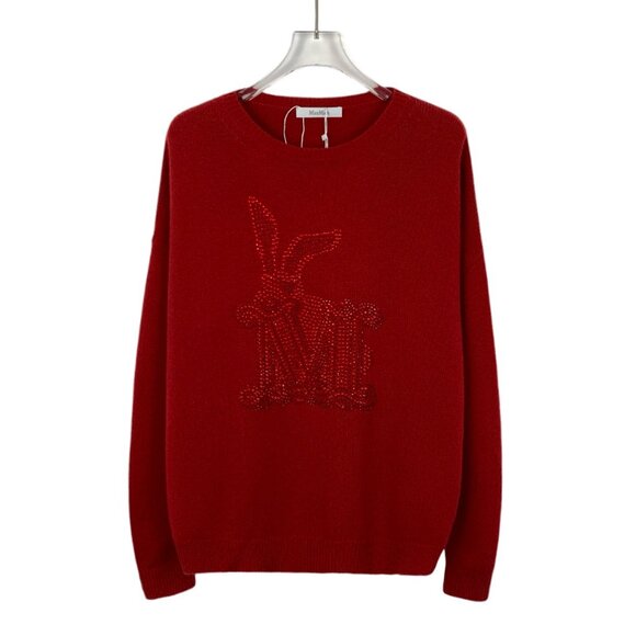 H14221 Maxmara Red rabbit letter diamond decoration round neck long-sleeved swea